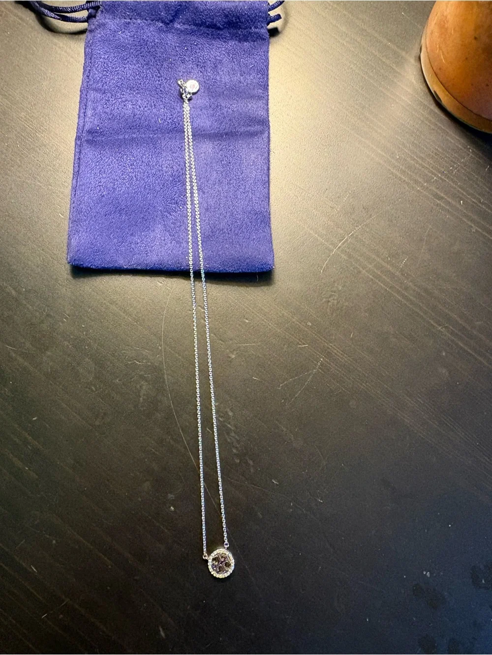 AUTHENTIC Tory Burch Silver Pavé Miller Logo Pendant Necklace NWOT